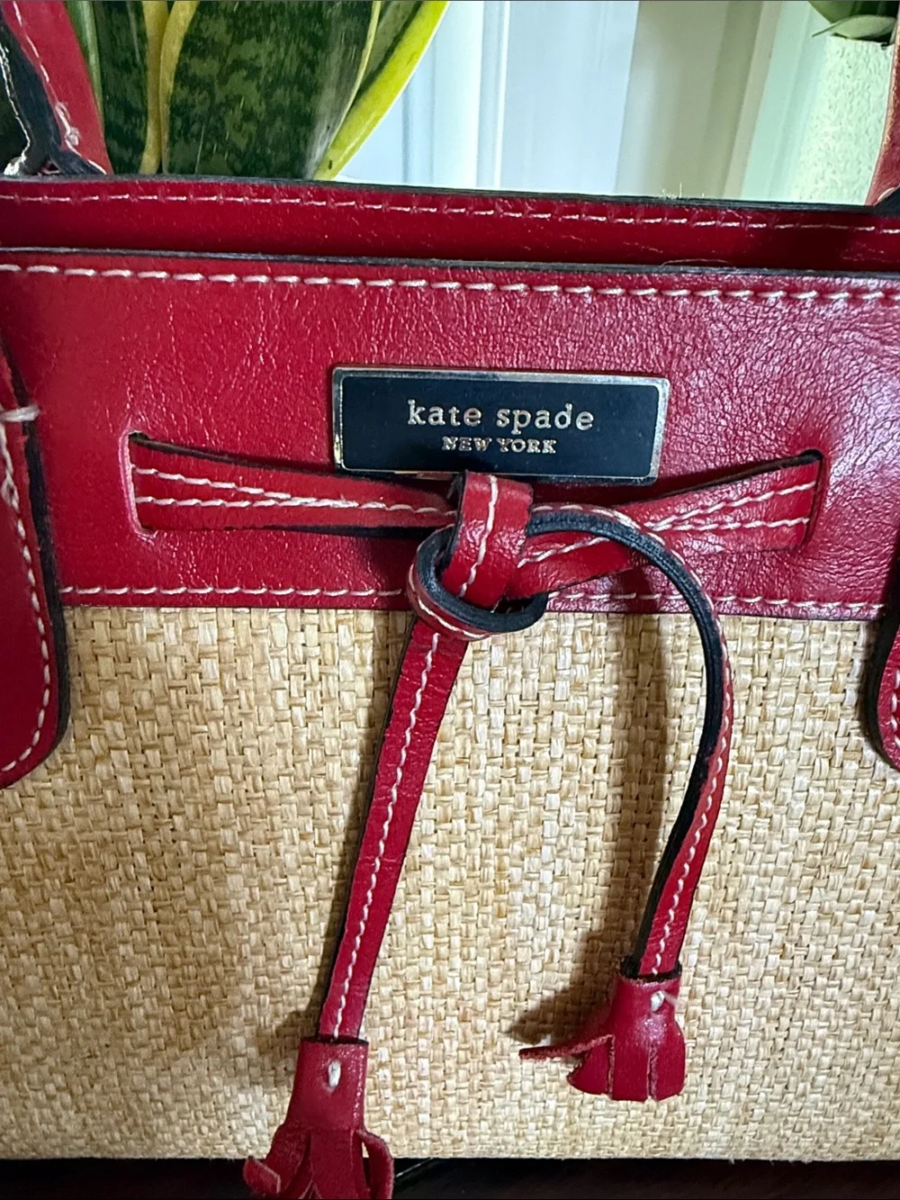 Kate Spade Red Raffia-Accent Tote